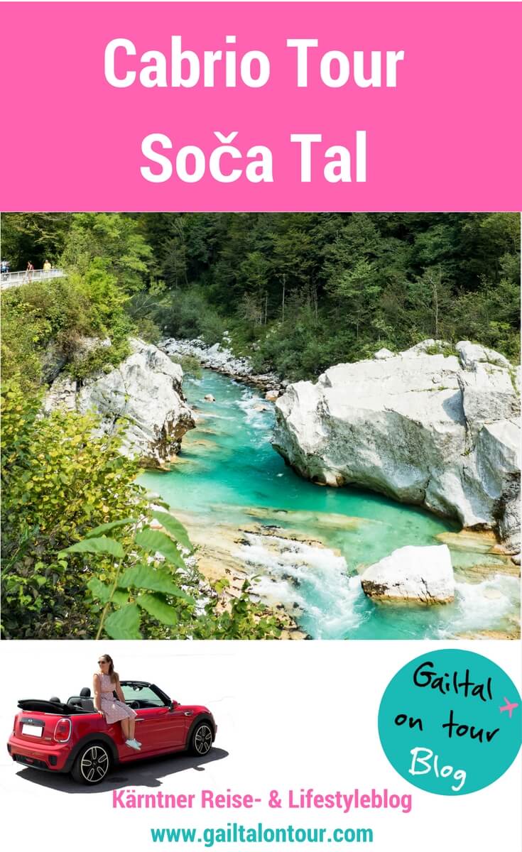 Ausflugstipp Soča-Tal: Mit dem Cabrio geht es über Tarvis zum Predilsee und über den Predilpass weiter nach Kobarid. Dort erkunden wir den schönsten Fluss Europas und finden den märchenhaften Kozjak-Wasserfall. 